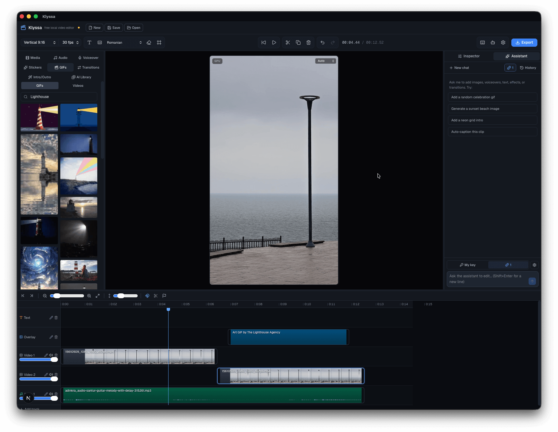 The Klyssa editor — multi-track timeline, preview, and media library